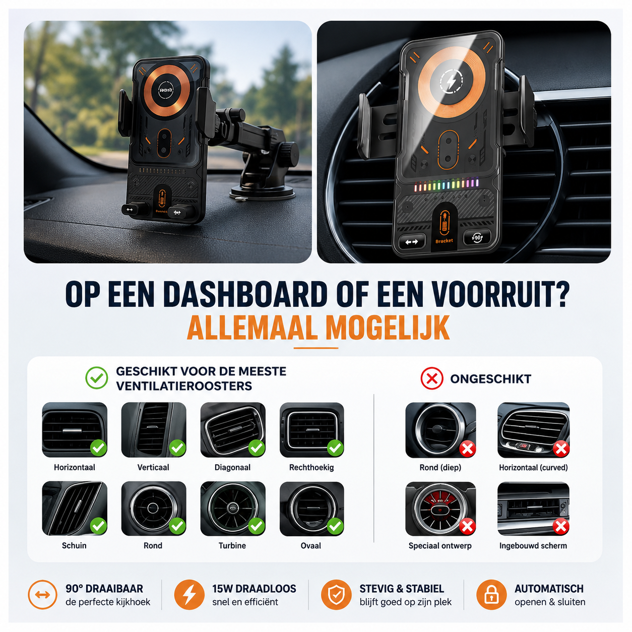 15W Draadloze Auto Telefoonhouder met Snellader - Automatische Sensor & 360° Draaibaar