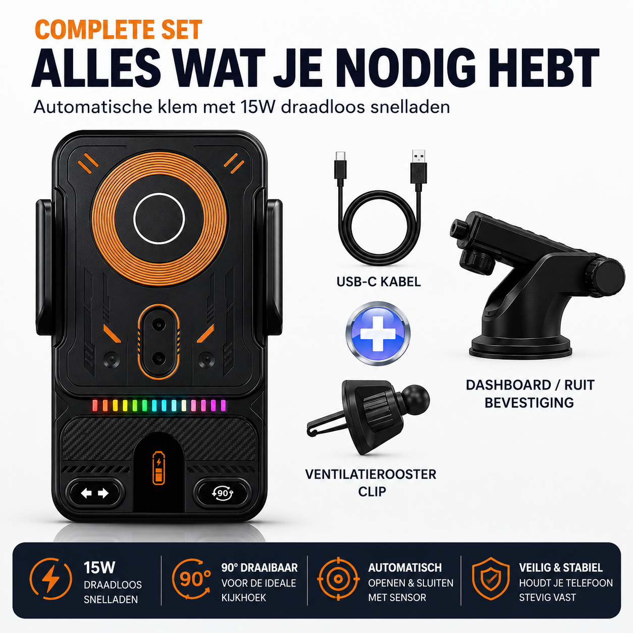 15W Draadloze Auto Telefoonhouder met Snellader - Automatische Sensor & 360° Draaibaar