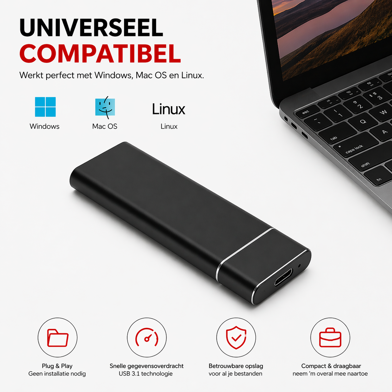 4TB Externe SSD Schijf – Plug & Play – USB 3.0 & USB-C – Universeel