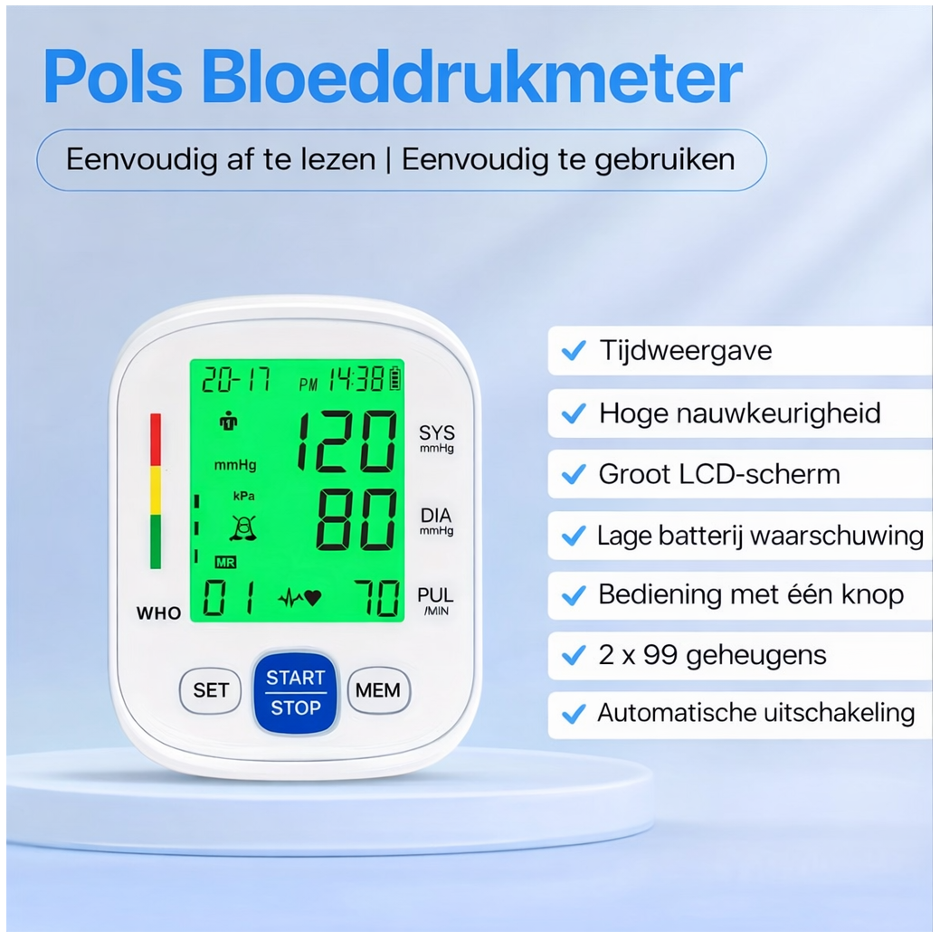 Digitale bloeddrukmeter pols en hartslag meter met groot lcd scherm