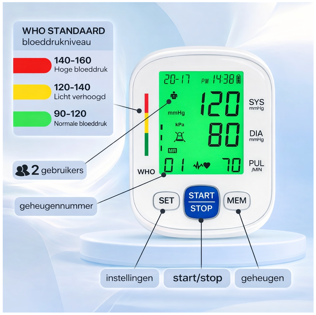 Digitale bloeddrukmeter pols en hartslag meter met groot lcd scherm